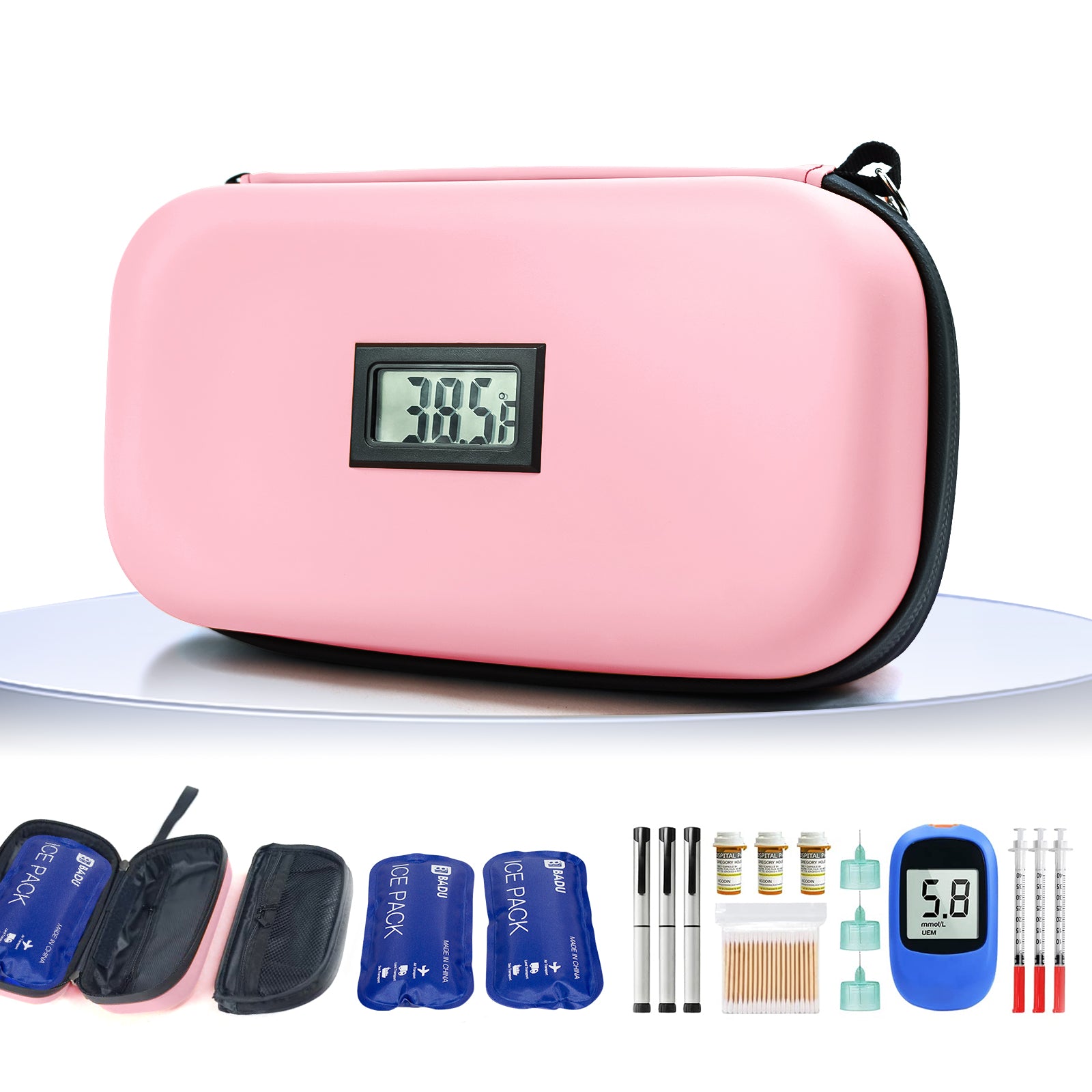 Gosemai TSA Approved Insulin Cooler Travel Case Medication Cooler for Travel with Thermometer Temperature Display Diabetic Medication Organizer Medical Travel Cooler Bag with 2 Ice Pack