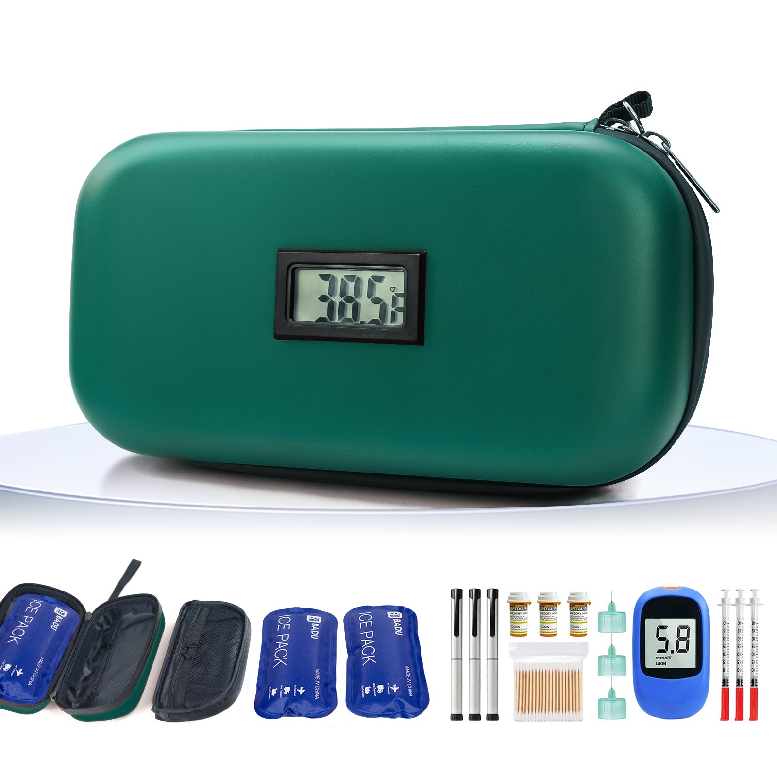 Gosemai TSA Approved Insulin Cooler Travel Case Medication Cooler for Travel with Thermometer Temperature Display Diabetic Medication Organizer Medical Travel Cooler Bag with 2 Ice Pack (Green)