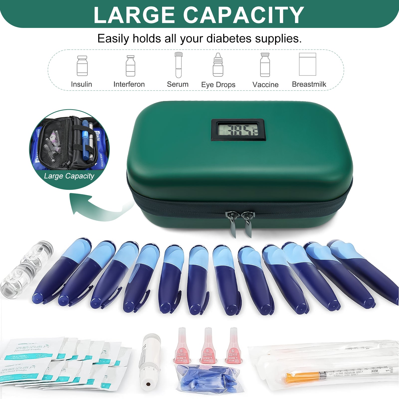 Gosemai TSA Approved Insulin Cooler Travel Case Medication Cooler for Travel with Thermometer Temperature Display Diabetic Medication Organizer Medical Travel Cooler Bag with 2 Ice Pack (Green)