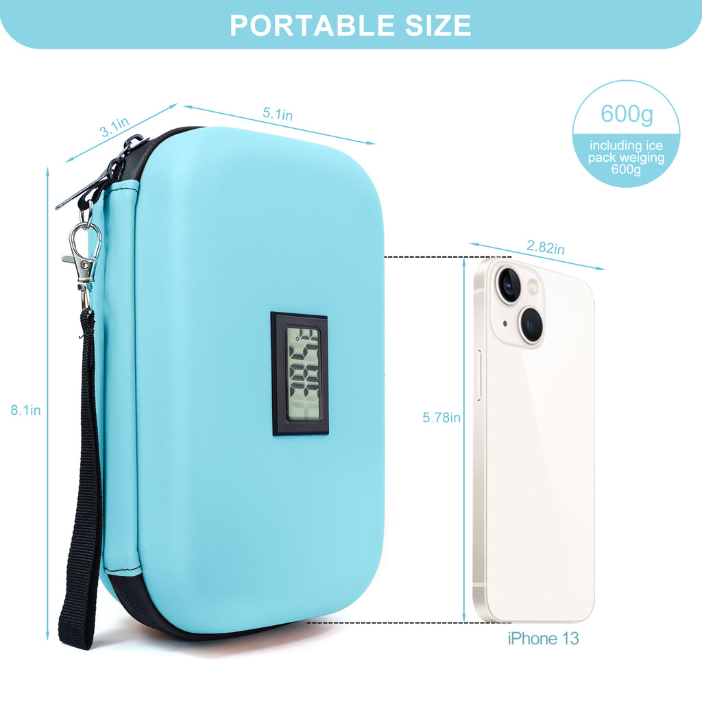 Gosemai TSA Approved Insulin Cooler Travel Case Medication Cooler for Travel with Thermometer Temperature Display Diabetic Medication Organizer Medical Travel Cooler Bag with 2 Ice Pack (Light Blue)