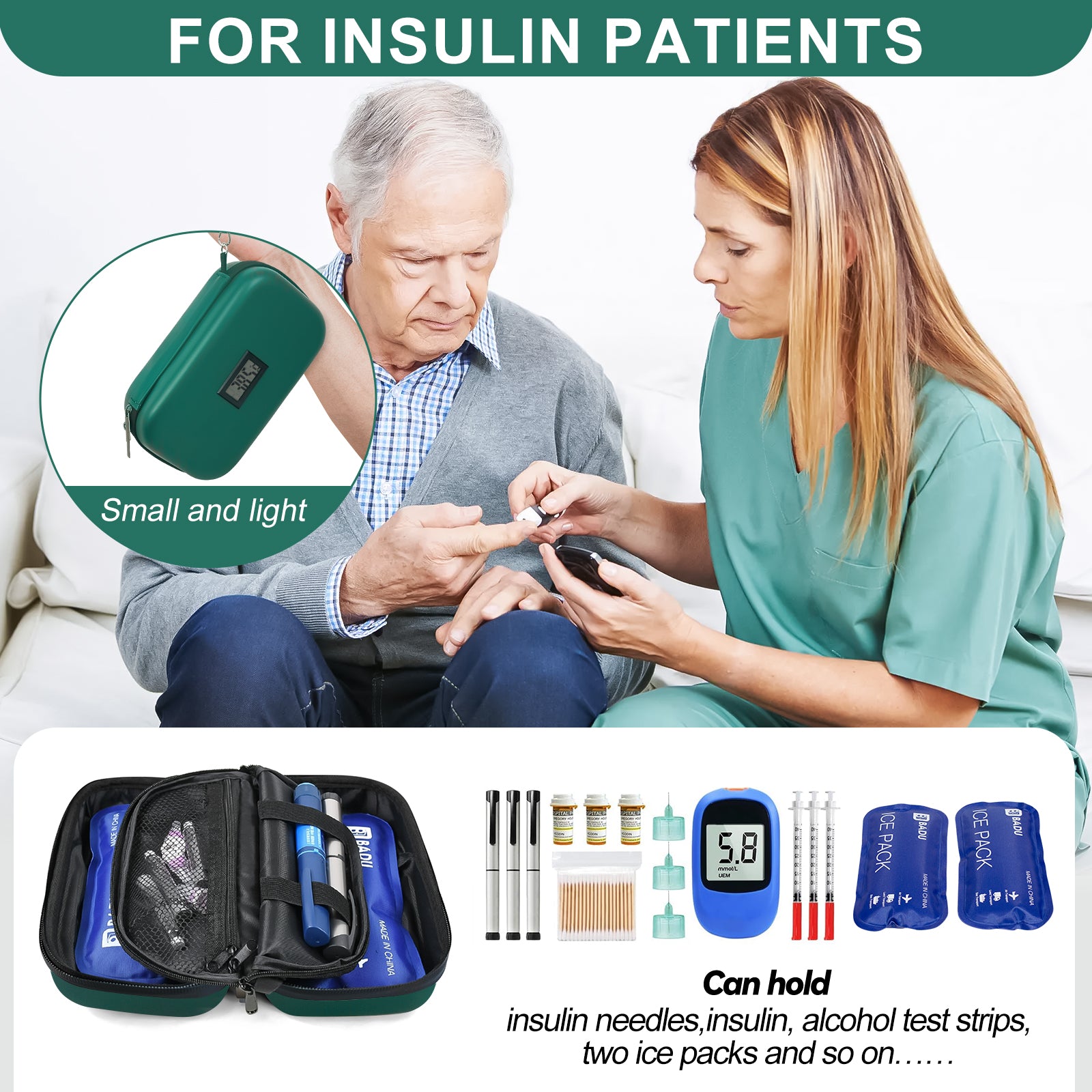 Gosemai TSA Approved Insulin Cooler Travel Case Medication Cooler for Travel with Thermometer Temperature Display Diabetic Medication Organizer Medical Travel Cooler Bag with 2 Ice Pack (Green)