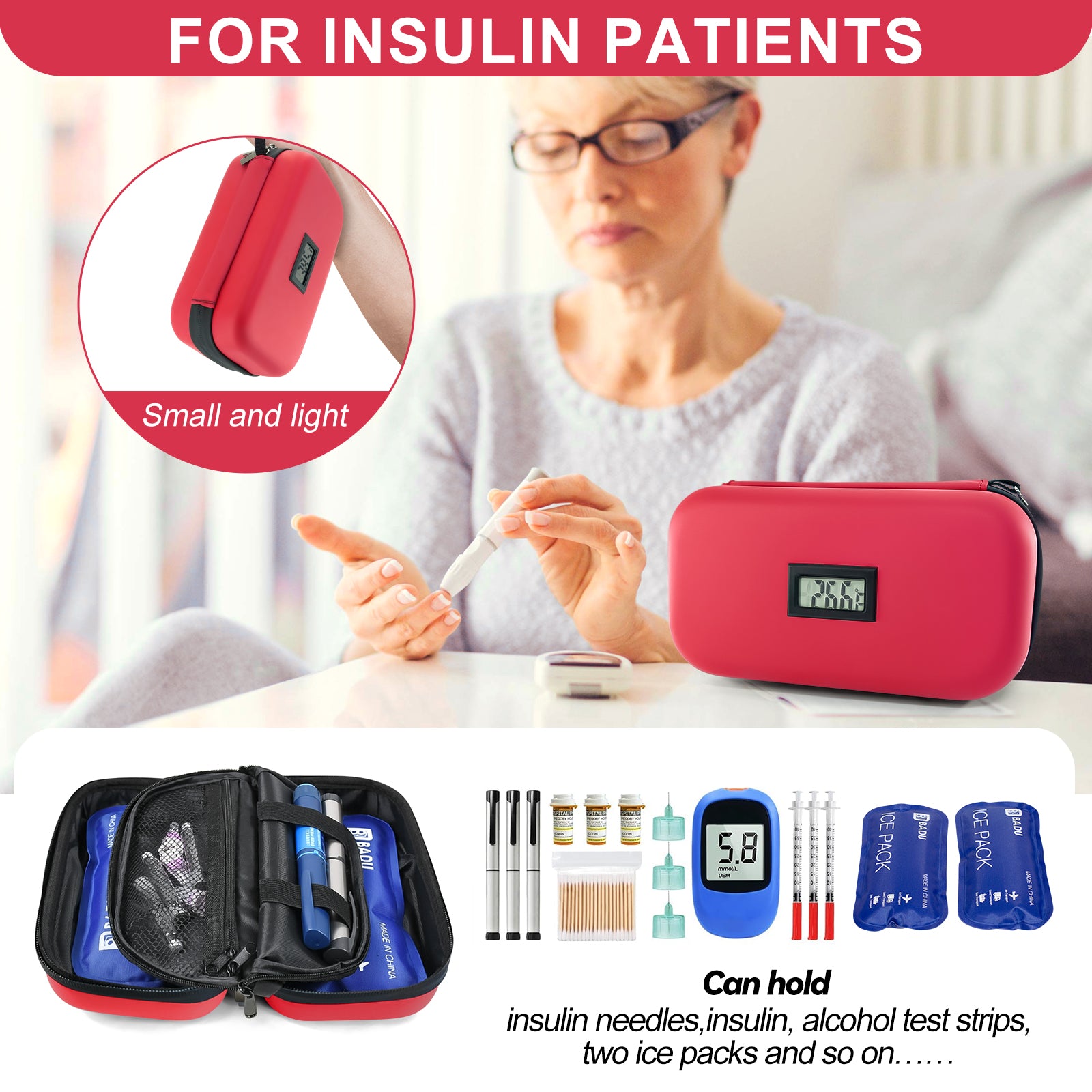 Gosemai TSA Approved Insulin Cooler Travel Case Medication Cooler for Travel with Thermometer Temperature Display Diabetic Medication Organizer Medical Travel Cooler Bag with 2 Ice Pack