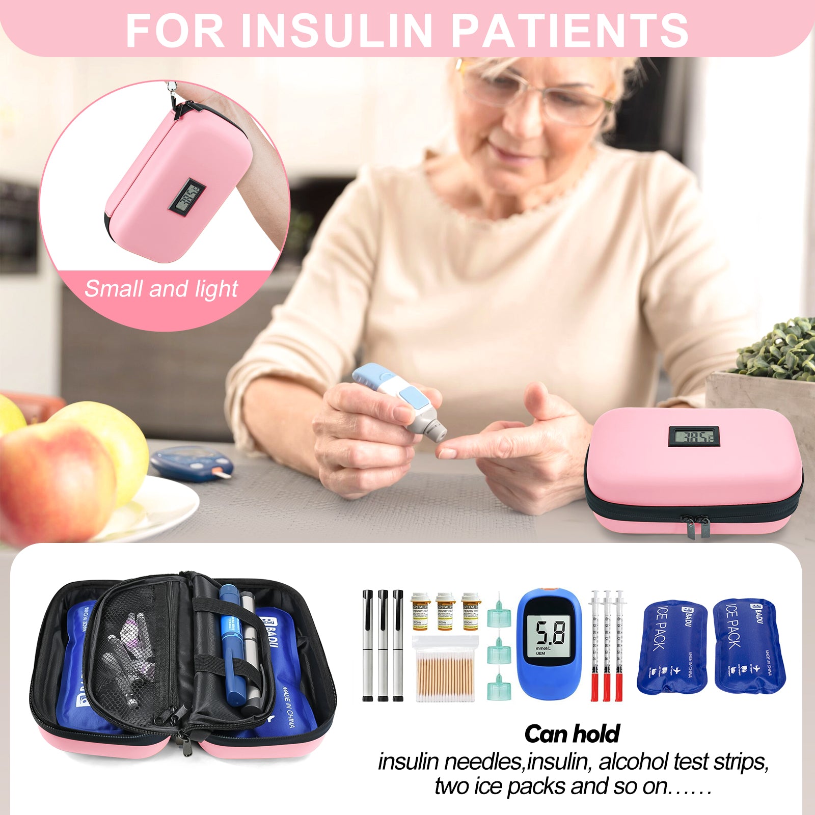 Gosemai TSA Approved Insulin Cooler Travel Case Medication Cooler for Travel with Thermometer Temperature Display Diabetic Medication Organizer Medical Travel Cooler Bag with 2 Ice Pack