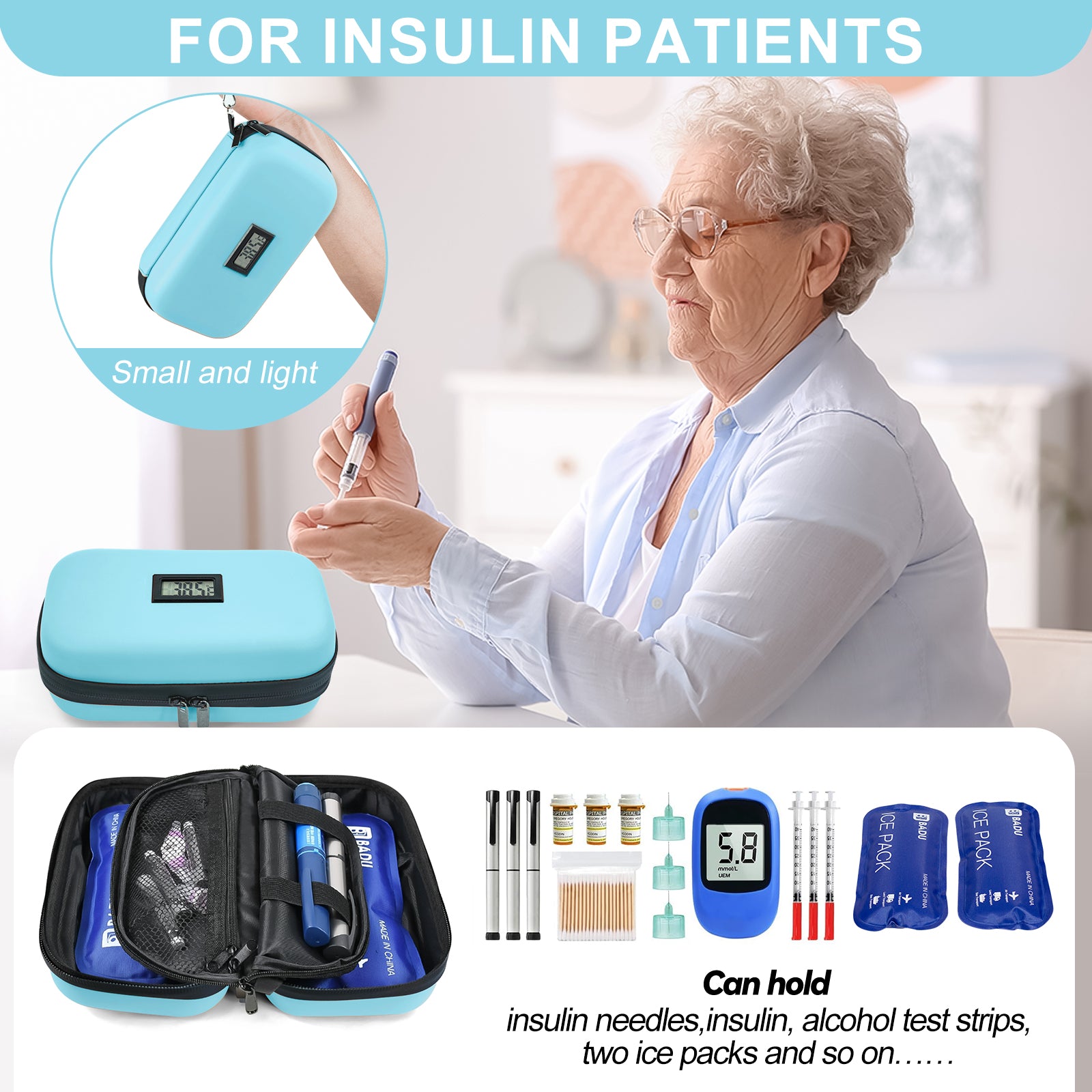 Gosemai TSA Approved Insulin Cooler Travel Case Medication Cooler for Travel with Thermometer Temperature Display Diabetic Medication Organizer Medical Travel Cooler Bag with 2 Ice Pack (Light Blue)