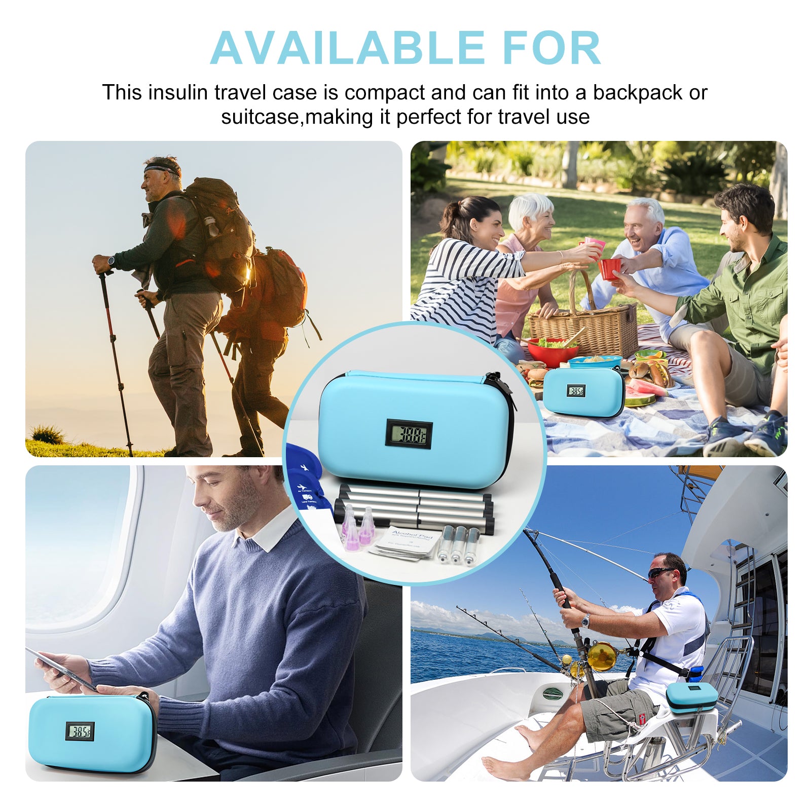 Gosemai TSA Approved Insulin Cooler Travel Case Medication Cooler for Travel with Thermometer Temperature Display Diabetic Medication Organizer Medical Travel Cooler Bag with 2 Ice Pack (Light Blue)